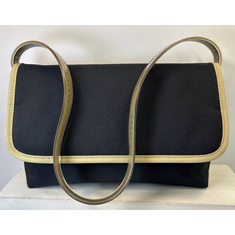 Ralph Lauren Black Gold Trim Handbag Purse Clear Logo Handles Small Evening Bag